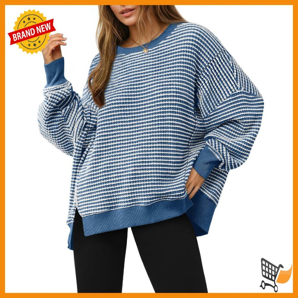Oversized Waffle Knit Sweatshirt Long Sleeve Crewneck Tunic Top